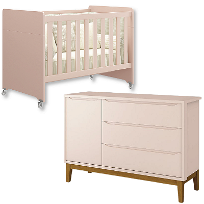 Quarto de Bebê Berço Evolution + Cômoda 1 Porta 3 Gavetas Classic Rosa
