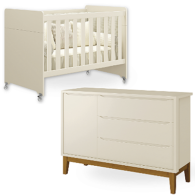 Quarto de Bebê Berço Evolution + Cômoda 1 Porta 3 Gavetas Classic Areia