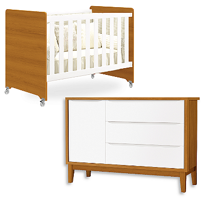 Quarto de Bebê Berço Evolution + Cômoda 1 Porta 3 Gavetas Classic Savana