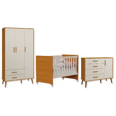 Quarto de Bebê Berço Evolution + Cômoda + Guarda Roupas Isis Areia/Savana
