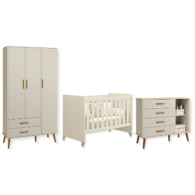 Quarto de Bebê Berço Evolution + Cômoda + Guarda Roupas Isis Areia Fosco