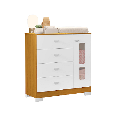 Cômoda Infantil 1 Porta e 4 Gavetas New Katatau Branco Fosco/Savana