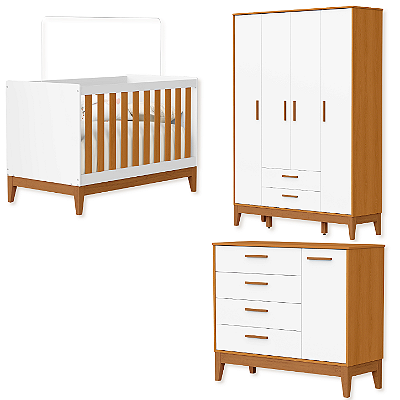 Quarto de Bebê Berço + Cômoda + Guarda Roupas Branco Fosco/Savana Flip