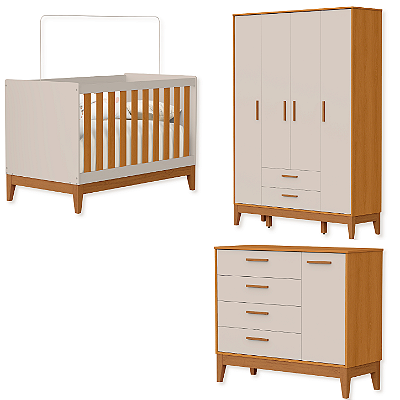 Quarto de Bebê Berço + Cômoda + Guarda Roupas Areia Fosco/Savana Flip