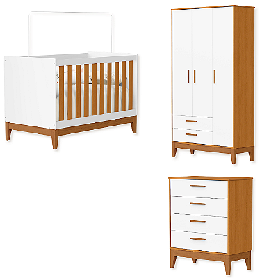 Quarto de Bebê Berço + Cômoda + Guarda Roupas Branco Fosco/ Savana Flip