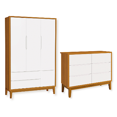 Quarto de Bebê Guarda Roupa Classic + Cômoda 6 Gavetas Branco Fosco/Savana