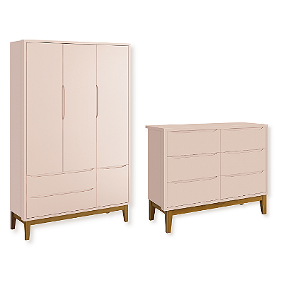Quarto de Bebê Guarda Roupa Classic + Cômoda 6 Gavetas Rosa Fosco