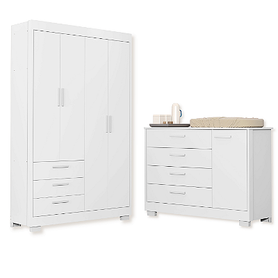 Quarto de Bebê Guarda Roupa Zaki + Cômoda Infantil 1 Porta e 4 Gavetas Branco Fosco