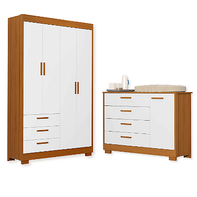 Quarto de Bebê Guarda Roupa Zaki + Cômoda Infantil 1 Porta e 4 Gavetas Branco Fosco/ Savana