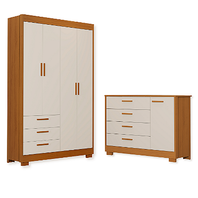 Quarto de Bebê Guarda Roupa Zaki + Cômoda Infantil 1 Porta e 4 Gavetas Areia Fosco/Savana
