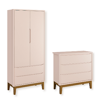 Quarto de Bebê Guarda Roupa Classic + Cômoda 3 Gavetas Rosa Fosco