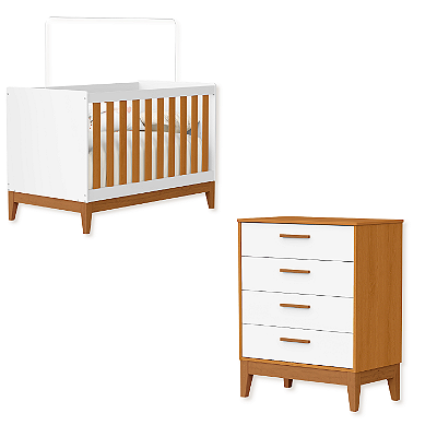 Quarto de Bebê Berço Americano Flip + Cômoda Infantil 4 Gavetas Branco Fosco/Savana