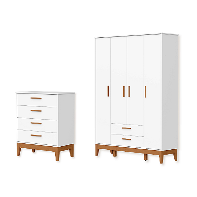 Quarto de Bebê Guarda Roupa Flip + Cômoda Infantil 4 Gavetas Branco Fosco