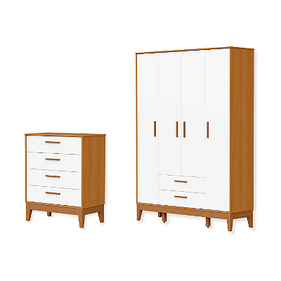 Quarto de Bebê Guarda Roupa Flip + Cômoda Infantil 4 Gavetas Branco Fosco/Savana