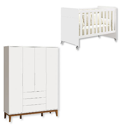 Quarto de Bebê Berço Evolution + Guarda Roupa Infantil 4 Portas Classic Branco Fosco