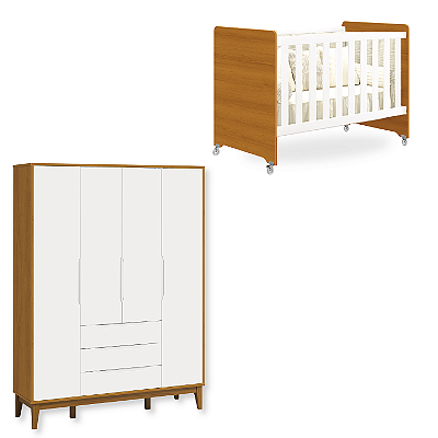 Quarto de Bebê Berço Evolution + Guarda Roupa Infantil 4 Portas Classic Branco Fosco/Savana