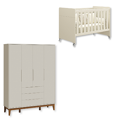 Quarto de Bebê Berço Evolution + Guarda Roupa Infantil 4 Portas Classic Areia Fosco