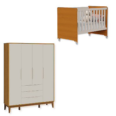 Quarto de Bebê Berço Evolution + Guarda Roupa Infantil 4 Portas Classic Areia Fosco/Savana