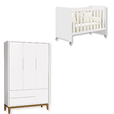 Quarto de Bebê Berço Evolution + Guarda Roupa Infantil 3 Portas Classic Branco Fosco