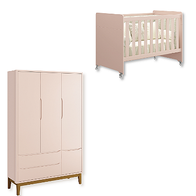 Quarto de Bebê Berço Evolution + Guarda Roupa Infantil 3 Portas Classic Rosa Fosco