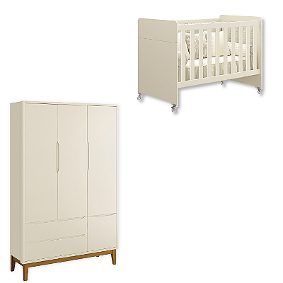 Quarto de Bebê Berço Evolution + Guarda Roupa Infantil 3 Portas Classic Areia Fosco