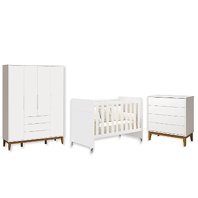 Quarto de Bebê Berço Evolution + Guarda Roupa + Cômoda Gaveteira Elfe Branco Fosco