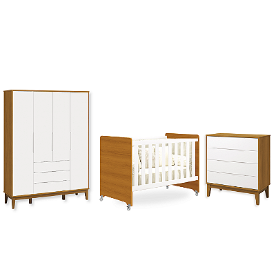 Quarto de Bebê Berço Evolution + Guarda Roupa + Cômoda Gaveteira Elfe Branco Fosco/Savana
