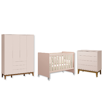 Quarto de Bebê Berço Evolution + Guarda Roupa + Cômoda Gaveteira Elfe Rosa Fosco
