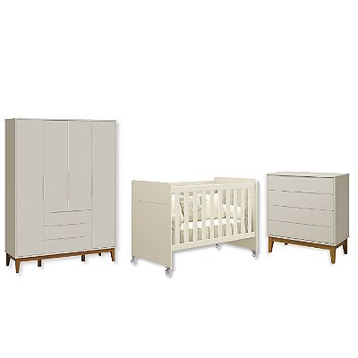 Quarto de Bebê Berço Evolution + Guarda Roupa + Cômoda Gaveteira Elfe Areia Fosco
