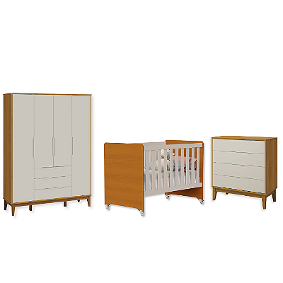 Quarto de Bebê Berço Evolution + Guarda Roupa + Cômoda Gaveteira Elfe Areia Fosco/ Savana