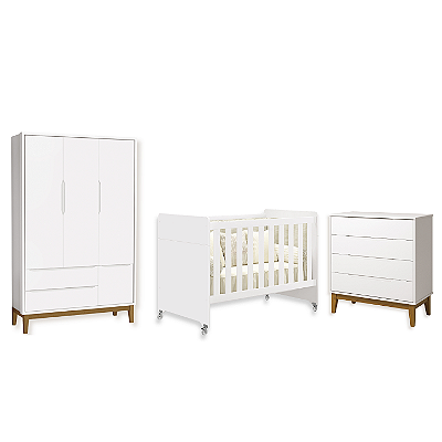 Quarto de Bebê Berço Evolution + Cômoda Gaveteira + Guarda Roupa 3 Portas Classic Branco Fosco
