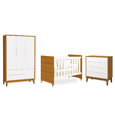 Quarto de Bebê Berço Evolution + Cômoda Gaveteira + Guarda Roupa 3 Portas Classic Branco Fosco/ Savana