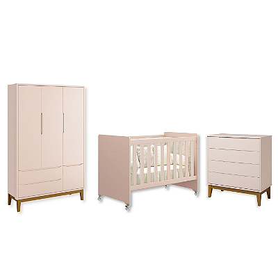 Quarto de Bebê Berço Evolution + Cômoda Gaveteira + Guarda Roupa 3 Portas Classic Rosa Fosco