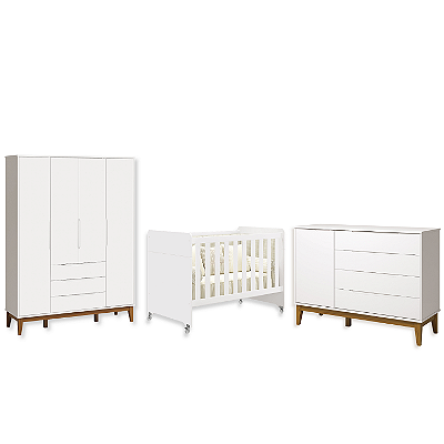 Quarto de Bebê Berço Evolution + Guarda Roupa + Cômoda Sapateira Elfe Branco Fosco