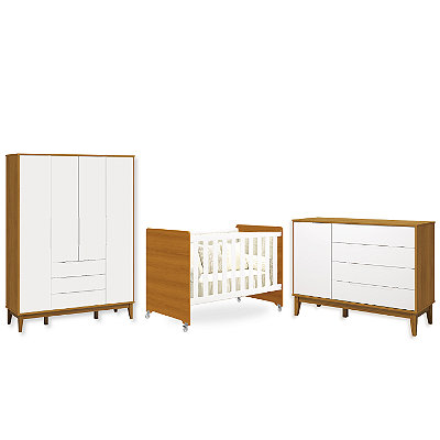 Quarto de Bebê Berço Evolution + Guarda Roupa + Cômoda Sapateira Elfe Branco Fosco/ Savana