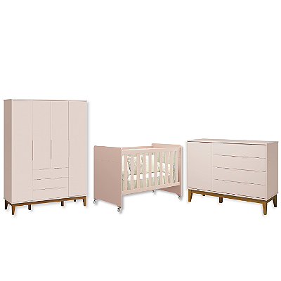 Quarto de Bebê Berço Evolution + Guarda Roupa + Cômoda Sapateira Elfe Rosa Fosco