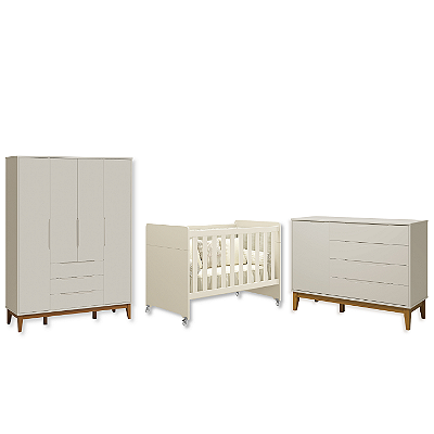 Quarto de Bebê Berço Evolution + Guarda Roupa + Cômoda Sapateira Elfe Areia Fosco