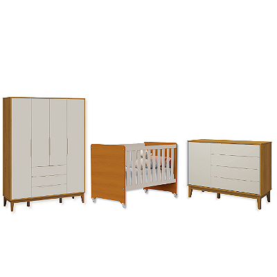 Quarto de Bebê Berço Evolution + Guarda Roupa + Cômoda Sapateira Elfe Areia Fosco/ Savana