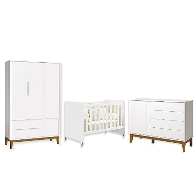 Quarto de Bebê Berço Evolution + Guarda Roupa 3 Portas + Cômoda Sapateira Elfe Branco Fosco