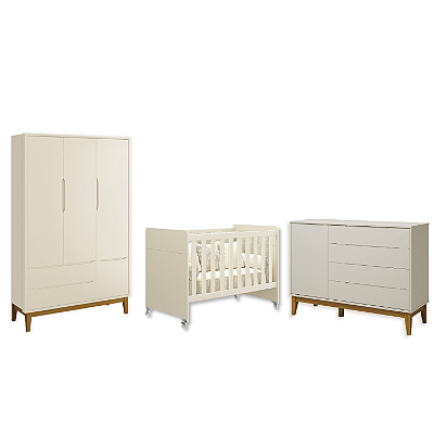 Quarto de Bebê Berço Evolution + Guarda Roupa 3 Portas + Cômoda Sapateira Elfe Areia Fosco