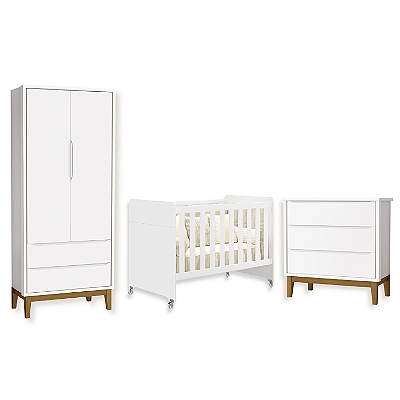 Quarto de Bebê Berço Evolution + Guarda Roupa + Cômoda 3 Gavetas Classic Branco Fosco