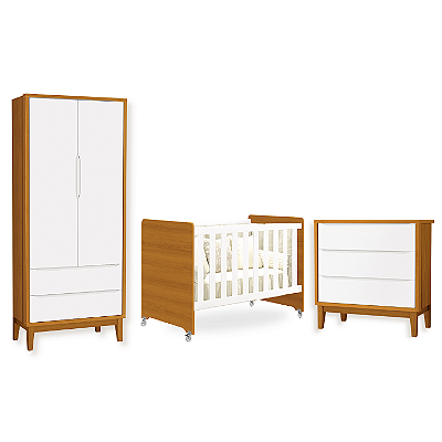 Quarto de Bebê Berço Evolution + Guarda Roupa + Cômoda 3 Gavetas Classic Branco Fosco/ Savana