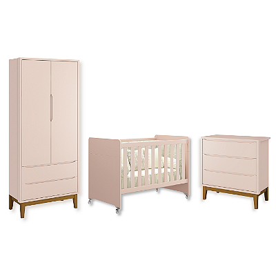 Quarto de Bebê Berço Evolution + Guarda Rousa + Cômoda 3 Gavetas Classic Rosa Fosco