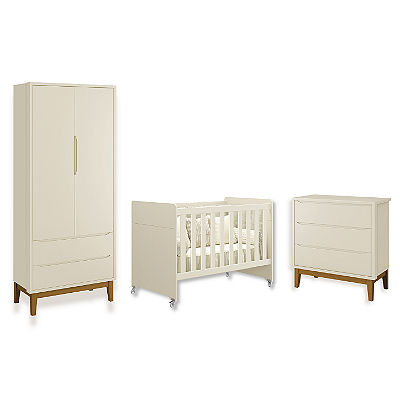 Quarto de Bebê Berço Evolution + Guarda Rousa + Cômoda 3 Gavetas Classic Areia Fosco