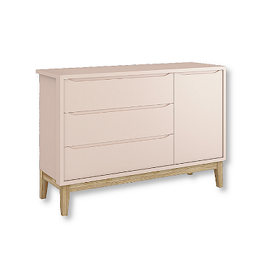 Cômoda Infantil 1 Porta e 3 Gavetas Rosa Classic Pés Madeira Natural