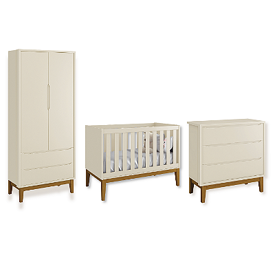 Quarto de Bebê Berço + Cômoda + Guarda Roupa Areia Classic
