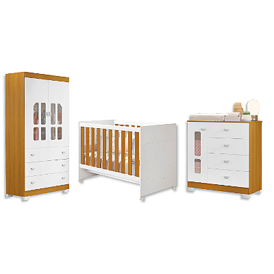 Quarto de Bebê Berço + Cômoda + Guarda Roupa Katatau Branco Savana