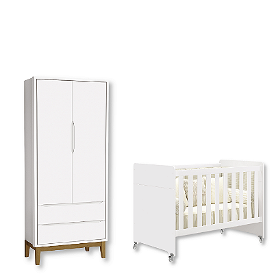 Quarto de Bebê Berço Evolution + Guarda Roupa 2 Portas Classic Branco Fosco