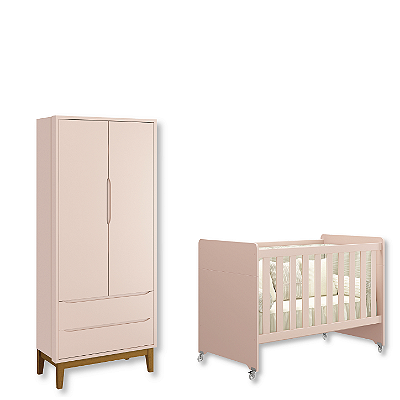 Quarto de Bebê Berço Evolution + Guarda Roupa 2 Portas Classic Rosa Fosco
