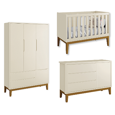 Quarto de Bebê Berço + Cômoda Sapateira + Guarda Roupa 3 Portas Areia Classic